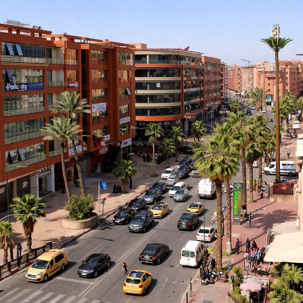 Vue urbaine de Guéliz Marrakech avec immeubles modernes, palmiers et circulation en centre-ville.