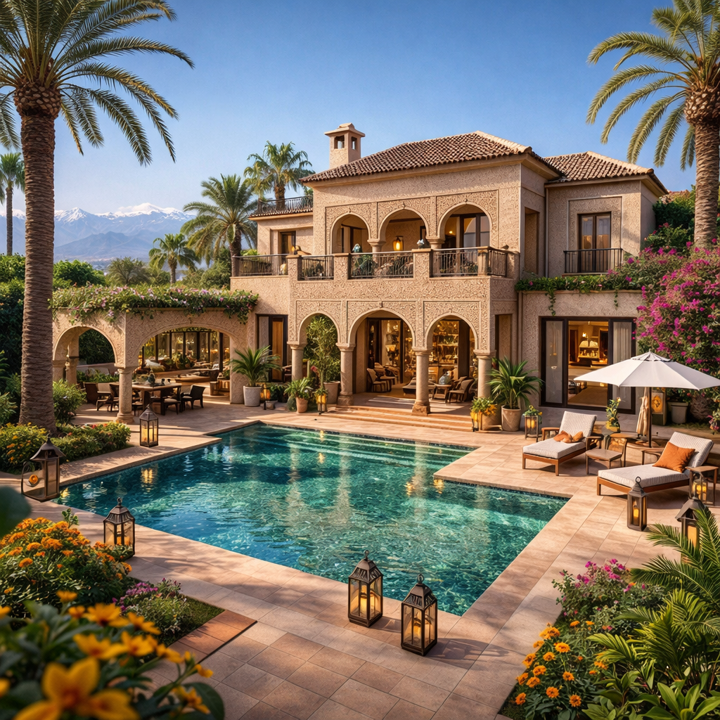 Villa de luxe à Marrakech avec piscine, jardin paysager et architecture haut de gamme.