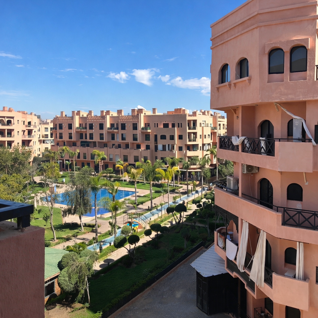 Résidence avec piscine et jardins dans le quartier Palmeraie à Marrakech.