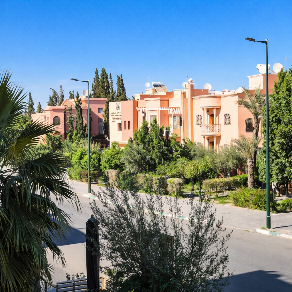 Maisons résidentielles dans le quartier Targa à Marrakech avec jardins et palmiers.