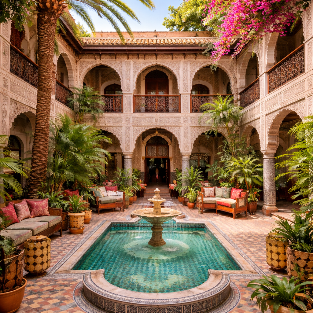 Riad traditionnel à vendre dans la Médina de Marrakech avec patio, fontaine et architecture marocaine authentique.
