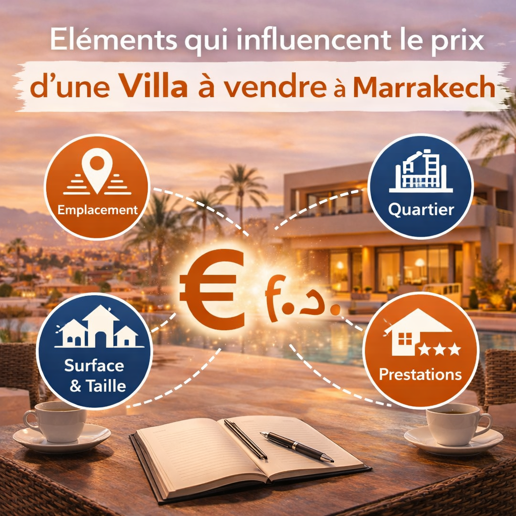 Éléments qui influencent le prix d’une villa à vendre à Marrakech : emplacement, quartier, surface, prestations.