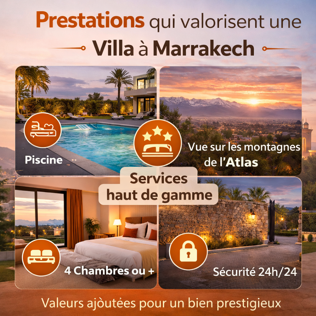 Prestations haut de gamme d’une villa à vendre à Marrakech avec piscine, vue Atlas, sécurité 24h/24 et finitions premium influençant le prix au m² à Marrakech 2026.