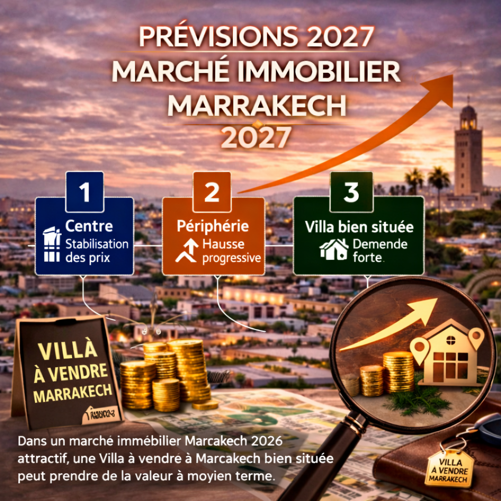 Prévisions immobilières à Marrakech 2027 montrant la stabilisation des prix au centre, la hausse en périphérie et la forte demande pour une villa à vendre à Marrakech.