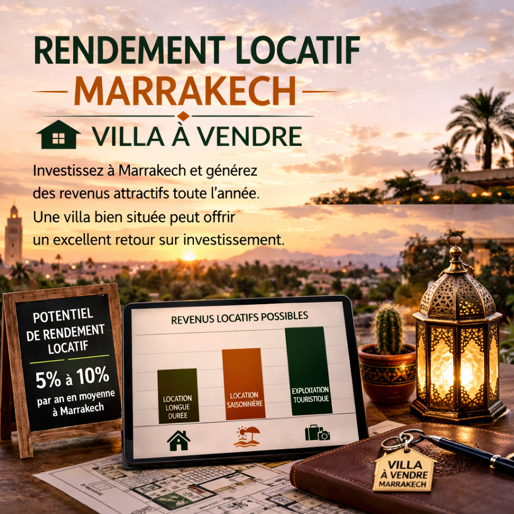 Rendement locatif à Marrakech pour une villa à vendre avec analyse de rentabilité, revenus locatifs et retour sur investissement en 2026.