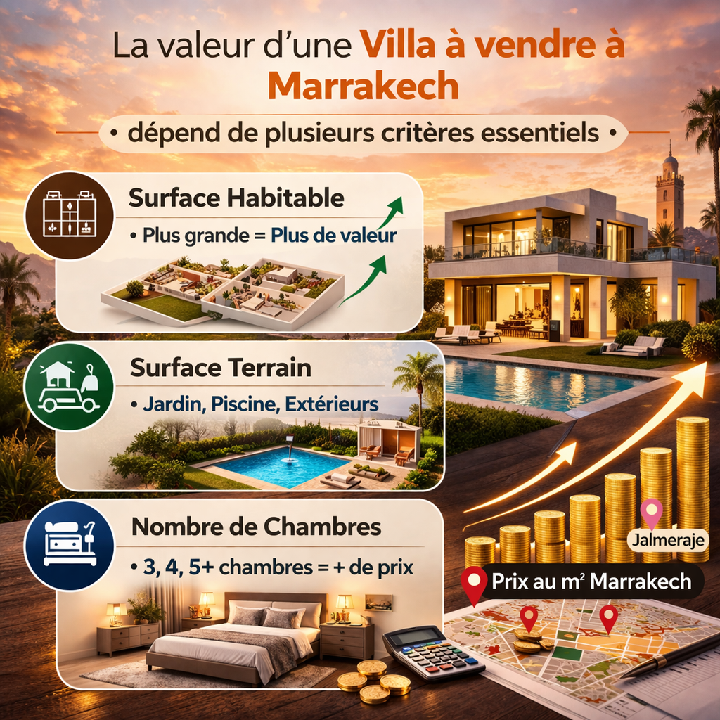 Surface et critères influençant le prix d’une villa à vendre à Marrakech : surface habitable, terrain et nombre de chambres.