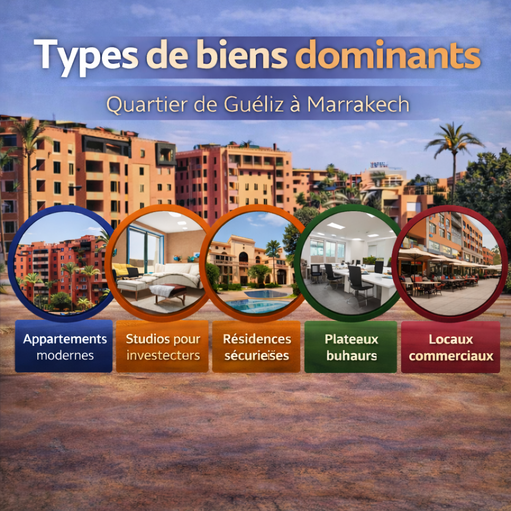 Immobilier à Guéliz Marrakech – types de biens dominants appartements studios résidences bureaux locaux commerciaux