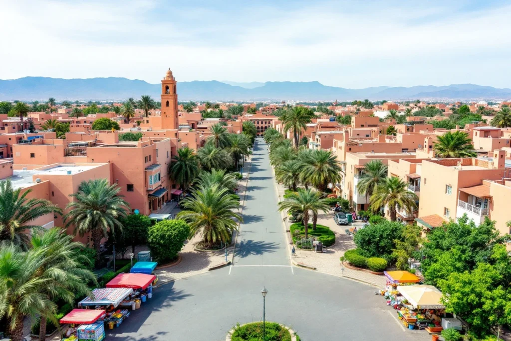 Investir dans l’immobilier à Marrakech – vue panoramique de la ville avec palmiers et architecture traditionnelle