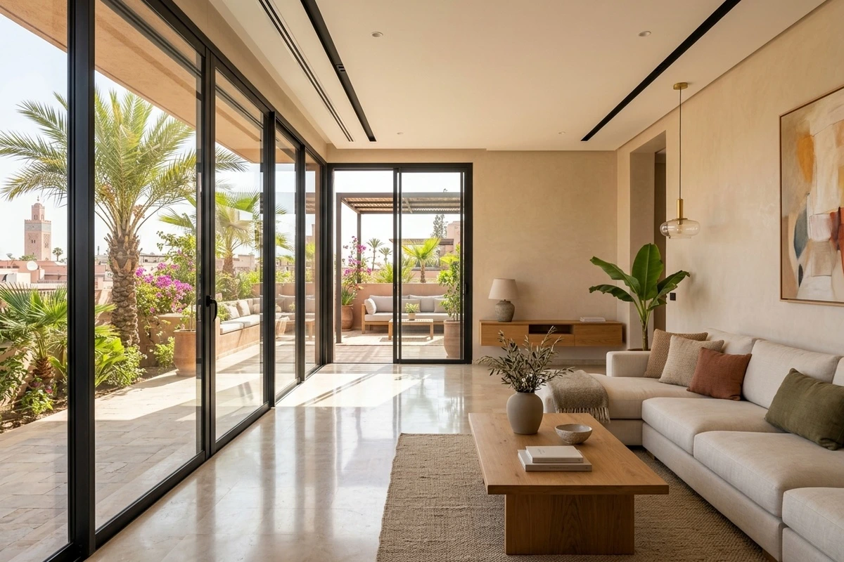 Salon contemporain avec baies vitrées et terrasse paysagée à Marrakech