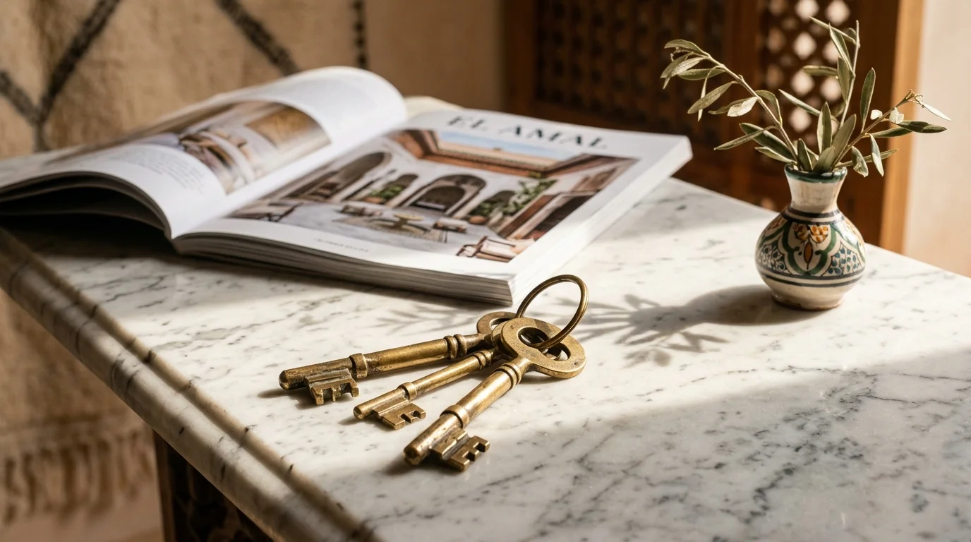 Cles en laiton et console marbre pour investissement locatif a Marrakech