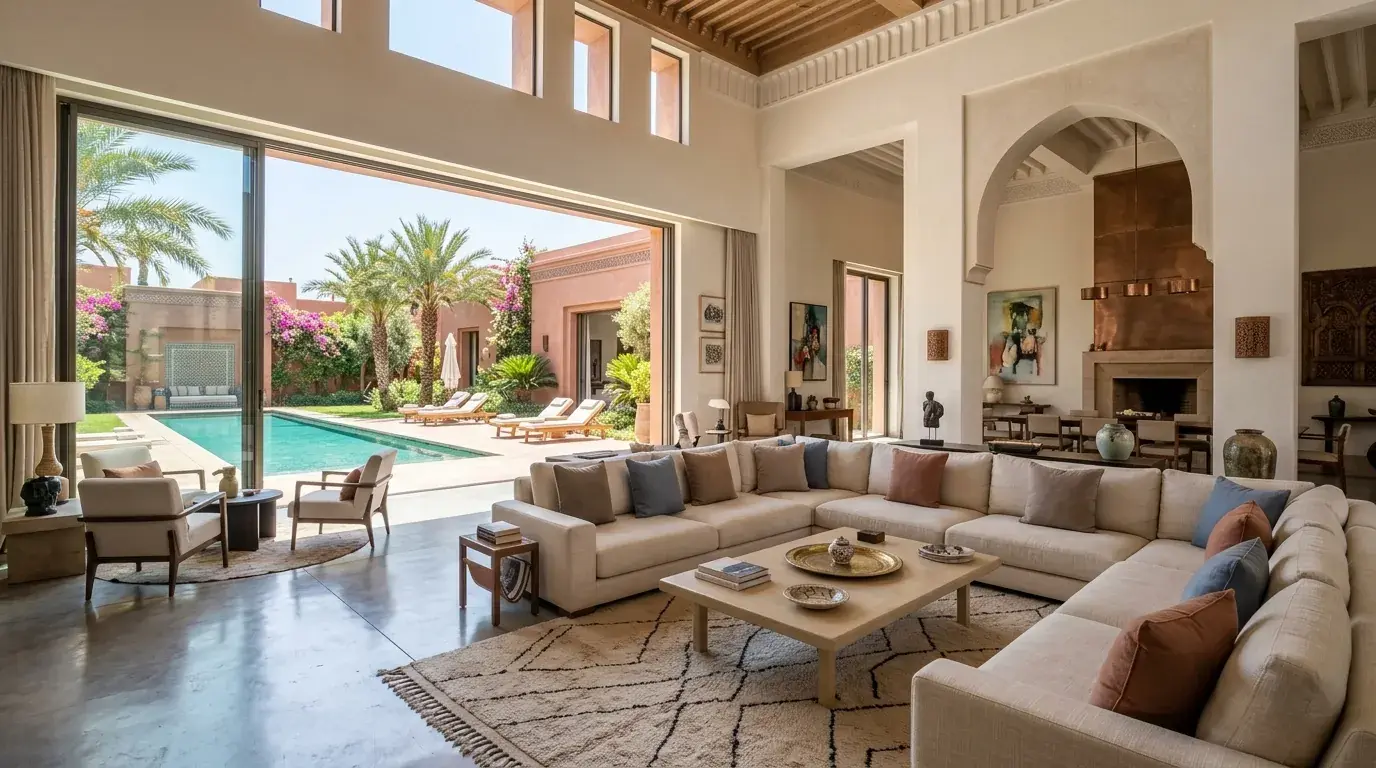 Grand salon séjour contemporain lumineux ouvrant sur terrasse et piscine privée à Marrakech