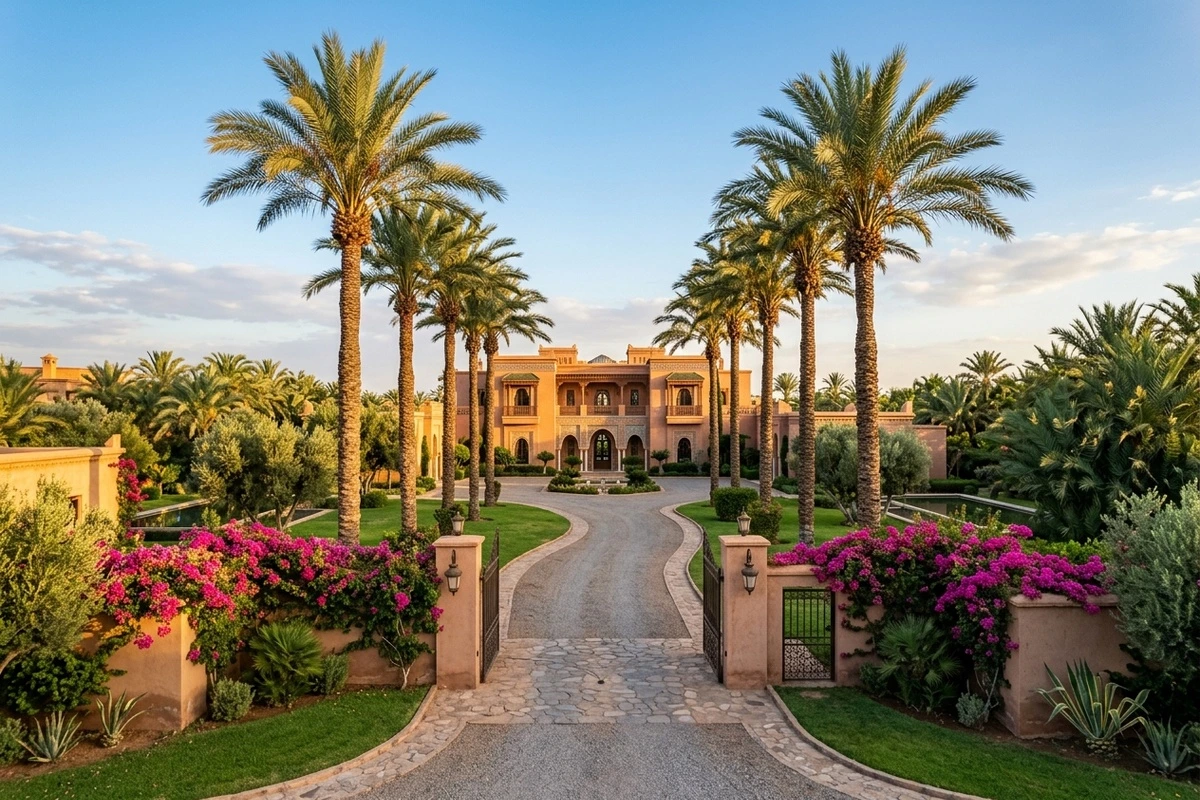 Allée privée bordée de palmiers centenaires dans une propriété d'exception à la Palmeraie de Marrakech