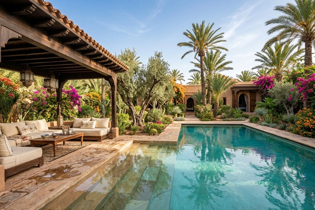 Piscine lagon et pergola lounge dans un jardin tropical de la Palmeraie de Marrakech
