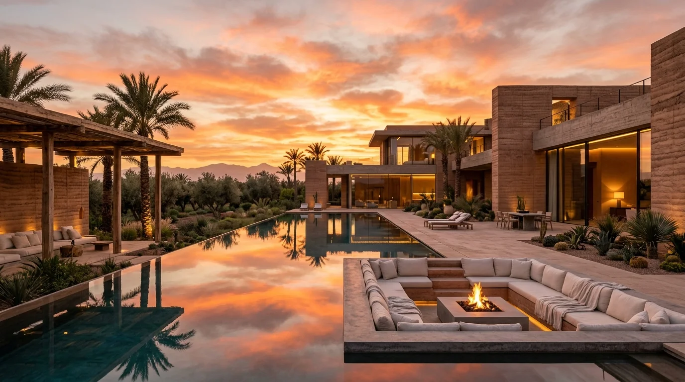 Propriete d exception contemporaine et piscine miroir au coucher de soleil a Marrakech