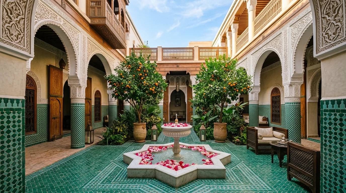 Patio authentique d un grand riad en Medina de Marrakech avec fontaine en zelliges