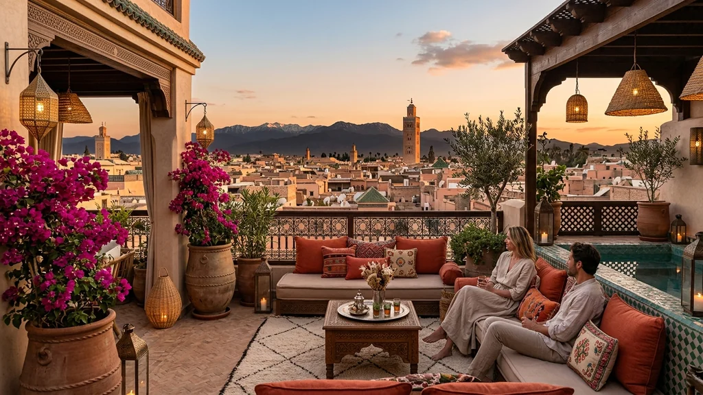 Rooftop terrasse aménagée d’un riad avec vue sur la Médina de Marrakech