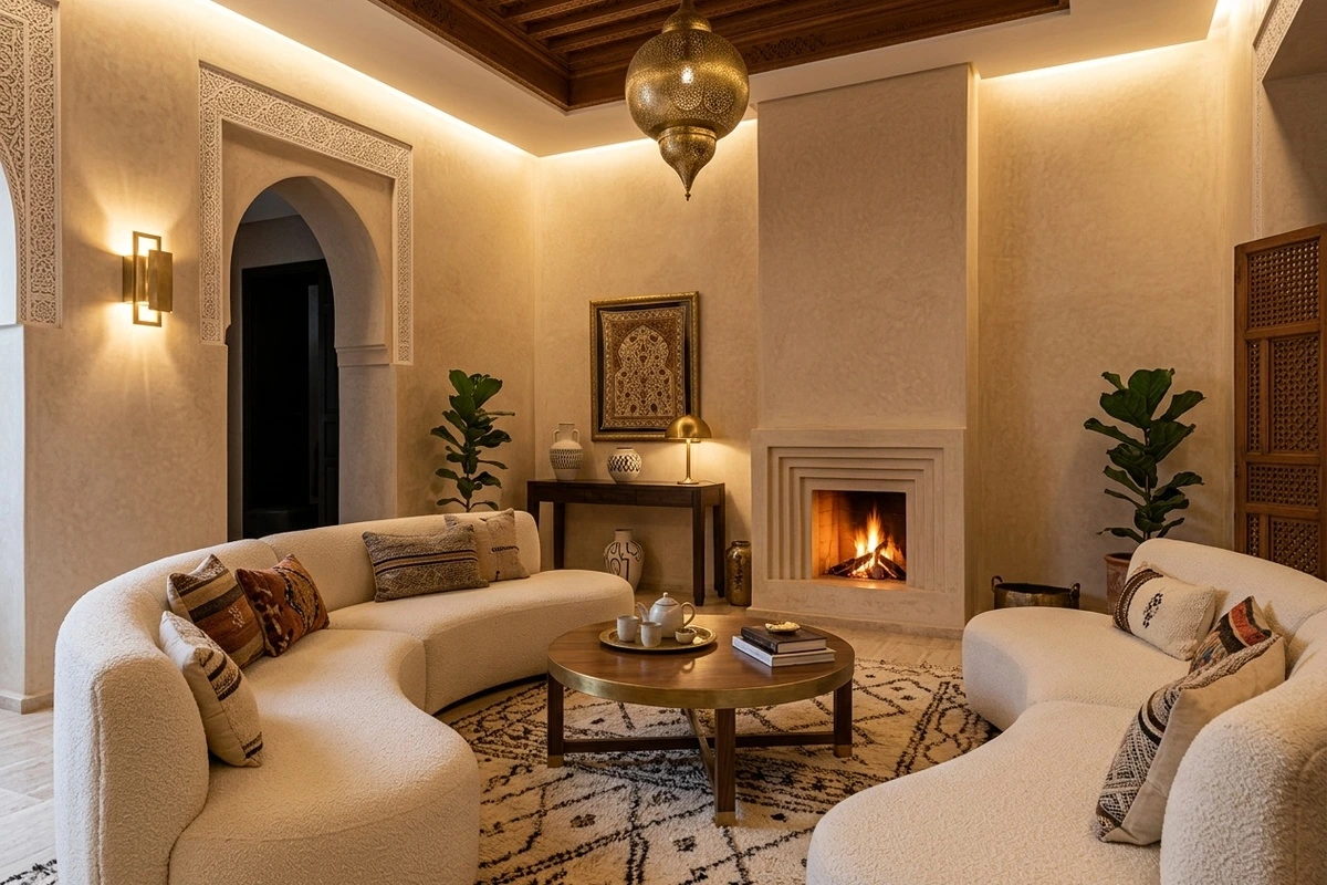 Salon intérieur chaleureux avec cheminée d'un riad à Marrakech