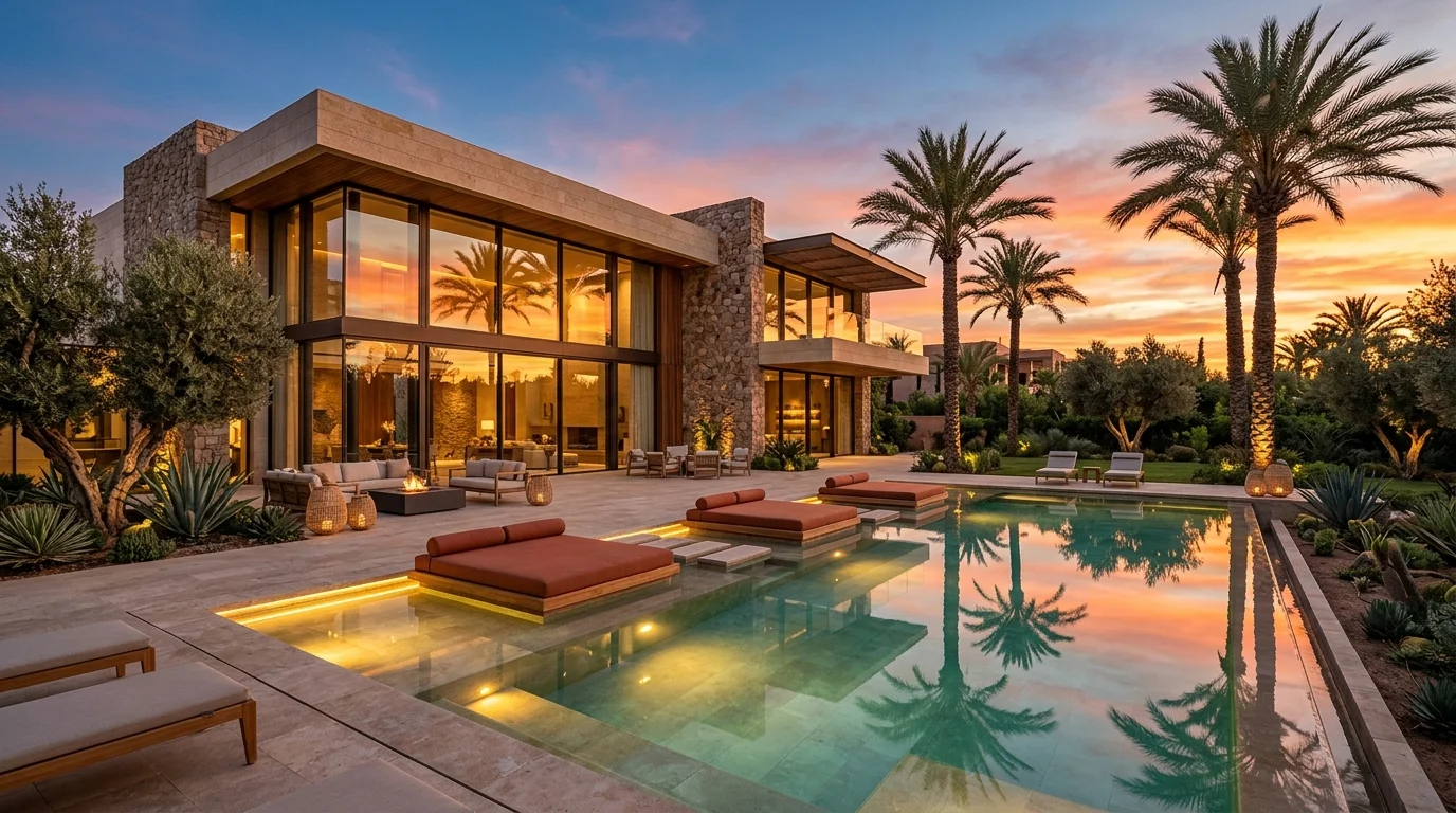 Villa de maitre contemporaine a vendre a Marrakech avec piscine et palmiers au coucher du soleil