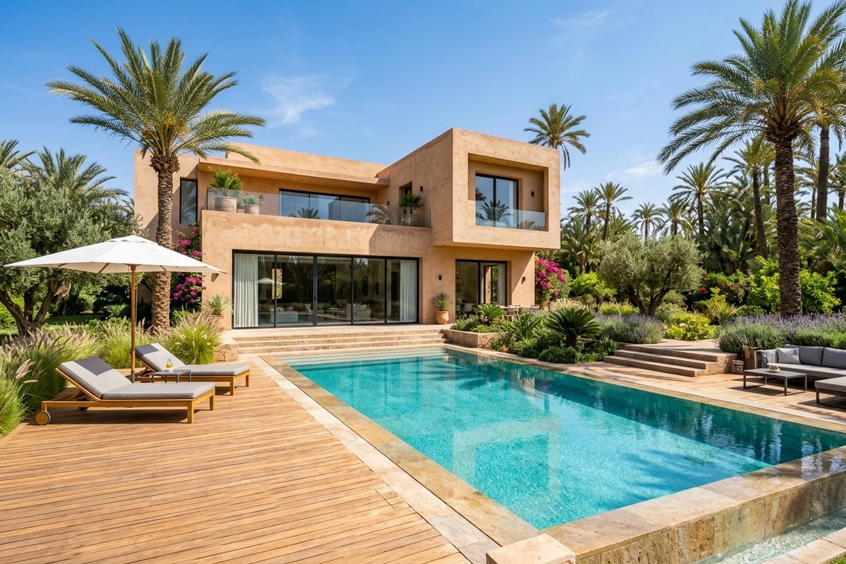 Villa contemporaine avec piscine turquoise, terrasse en teck et jardin de palmiers à Marrakech