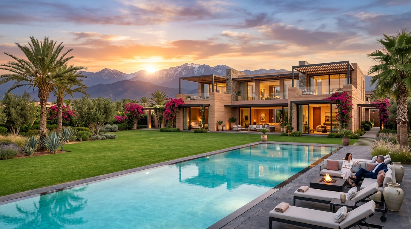 Villa moderne avec grande piscine et vue sur l'Atlas au coucher du soleil à Marrakech