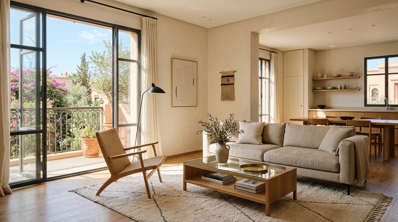 Intérieur moderne d'un appartement neuf haut standing avec terrasse à Guéliz Marrakech