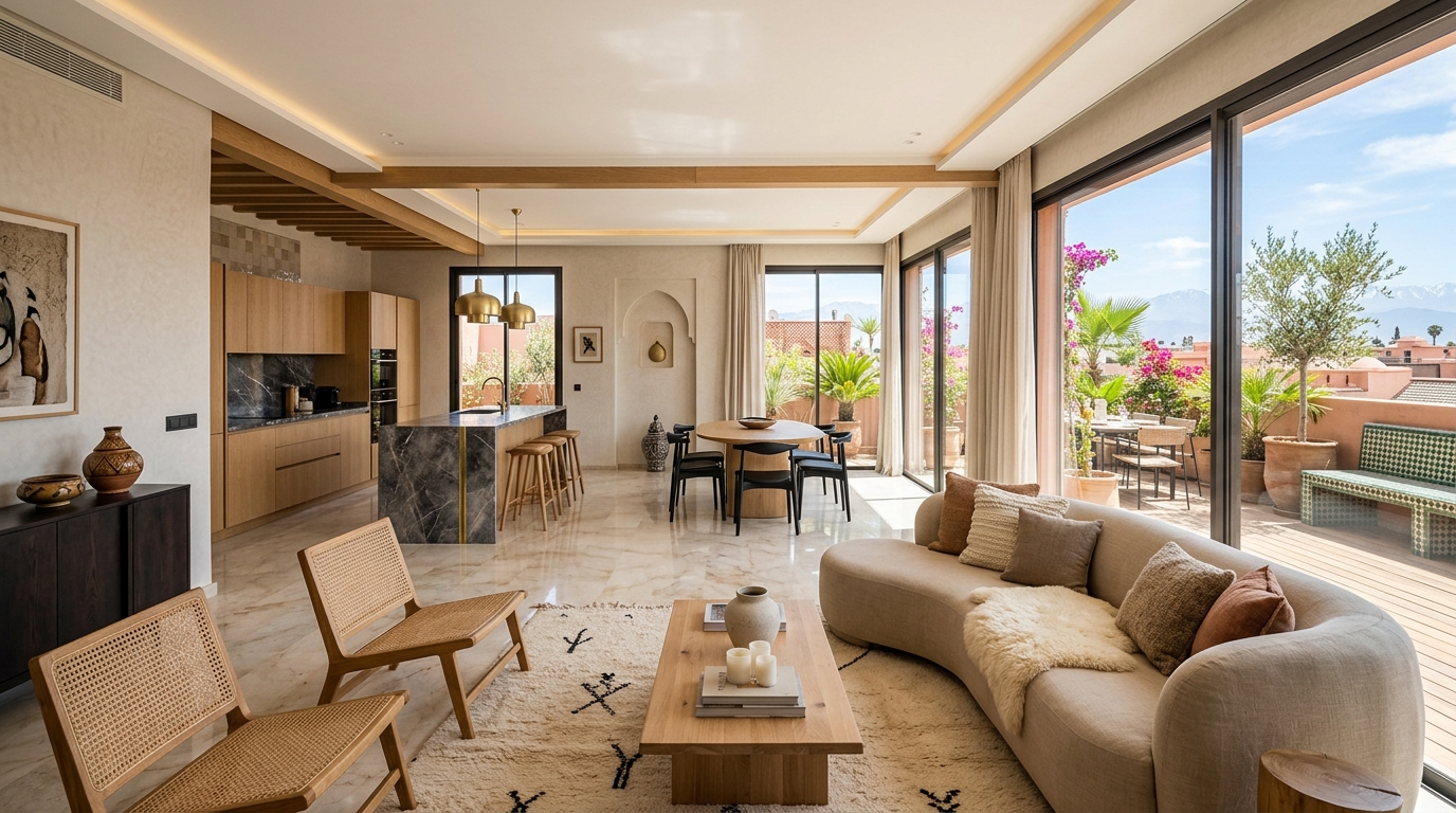 Intérieur lumineux et design d’un appartement de standing pour investissement locatif à Marrakech