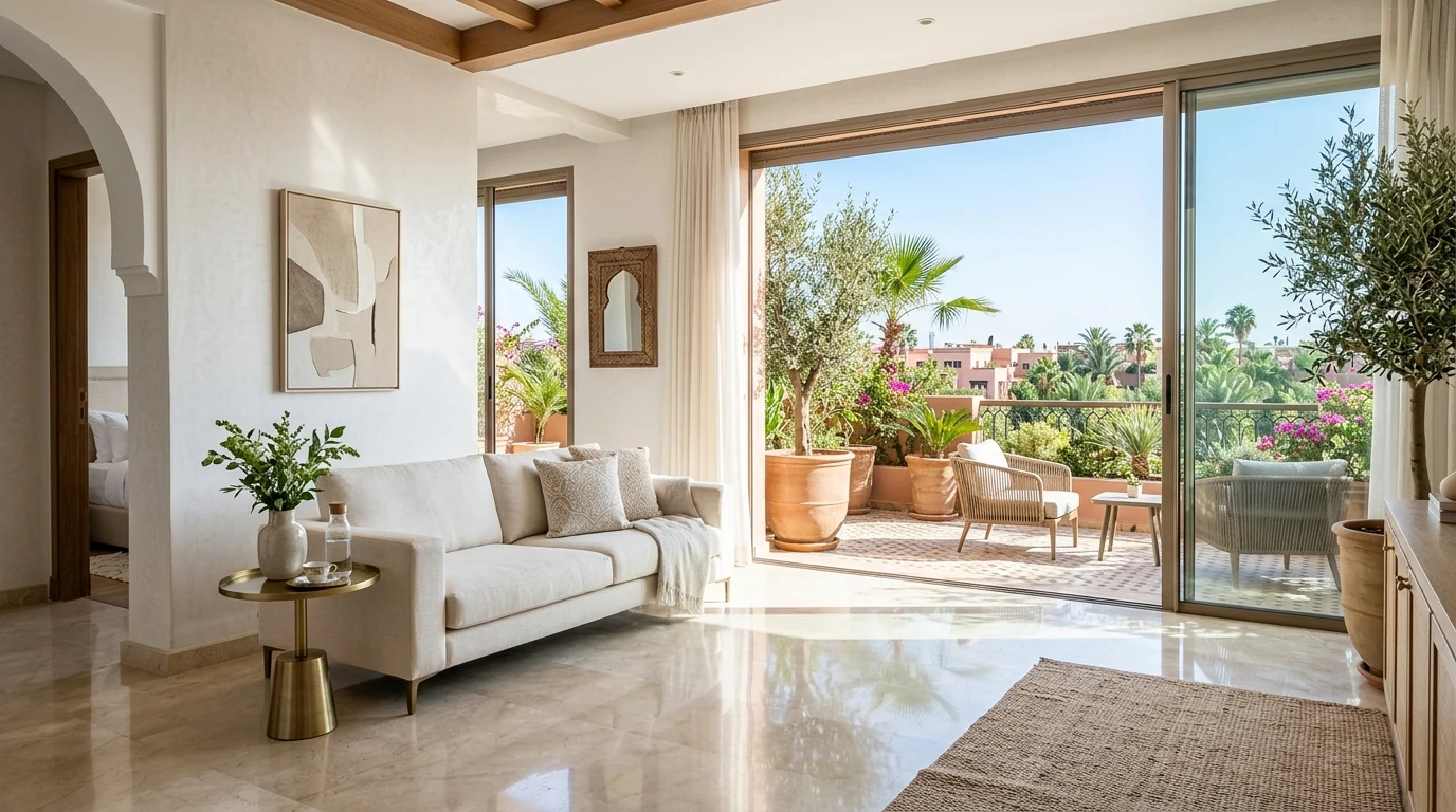 Terrasse aménagée d'un appartement meublé contemporain à Marrakech