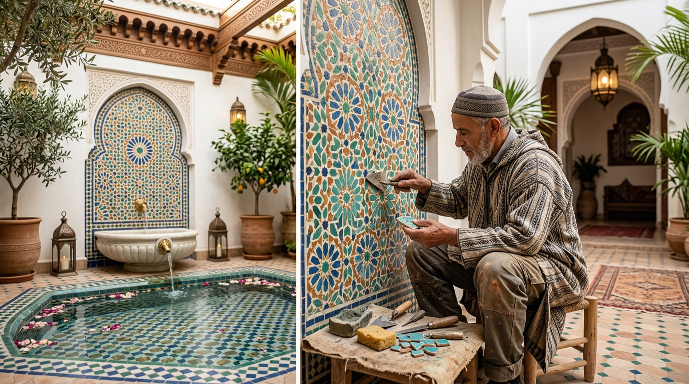 Artisan marocain posant un zellige sur mesure lors de la rénovation d’un riad ou villa à Marrakech