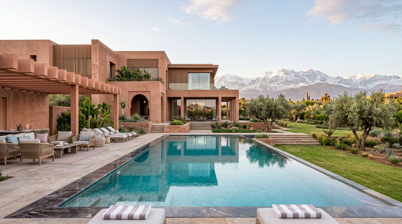 Villa contemporaine avec grande piscine et vue sur l'Atlas à Marrakech