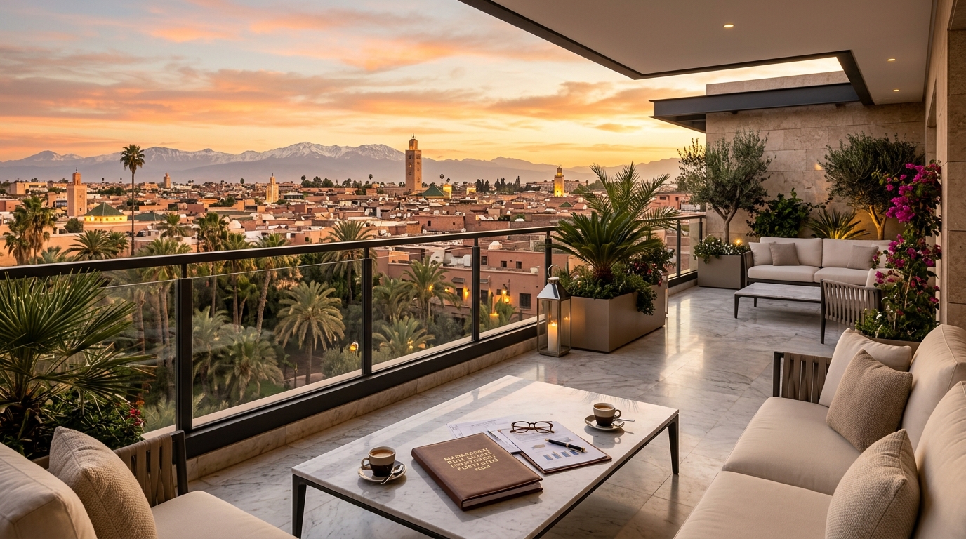 Penthouse de prestige avec vue panoramique sur Marrakech au coucher du soleil