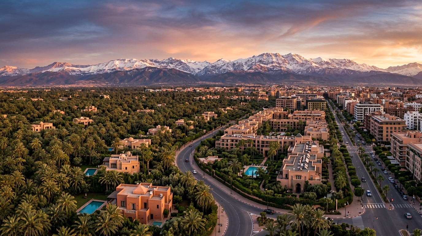 Panorama des quartiers résidentiels et palmeraie de Marrakech