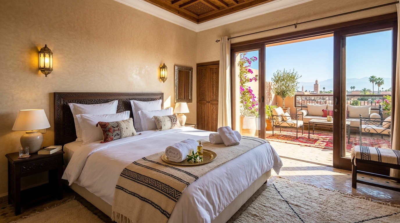 Préparation impeccable d'une suite et terrasse pour les voyageurs en location courte durée à Marrakech
