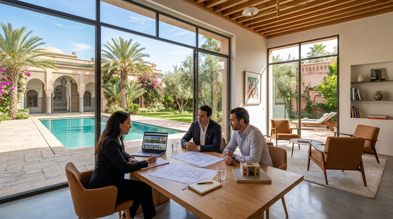 Conseillers immobiliers Velanya accompagnant des acquéreurs dans une villa à Marrakech