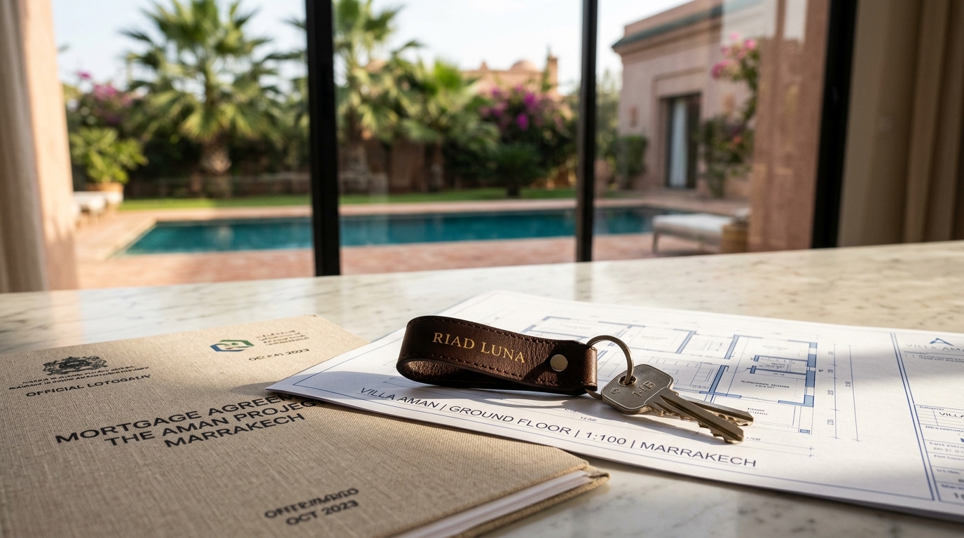 Clés de propriété, plan d'architecte et contrat de prêt immobilier pour étranger au Maroc