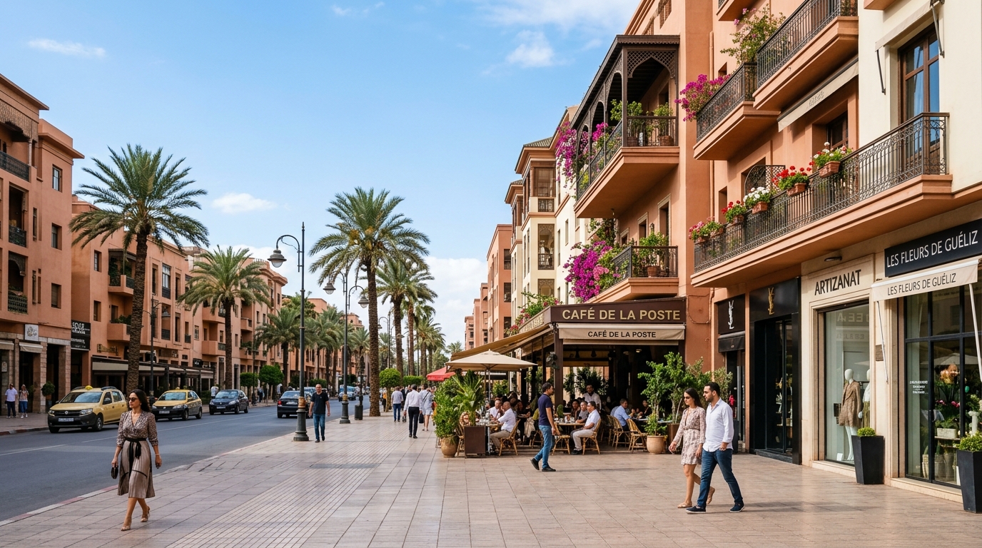 Boulevard résidentiel chic avec palmiers et commerces à Guéliz Marrakech