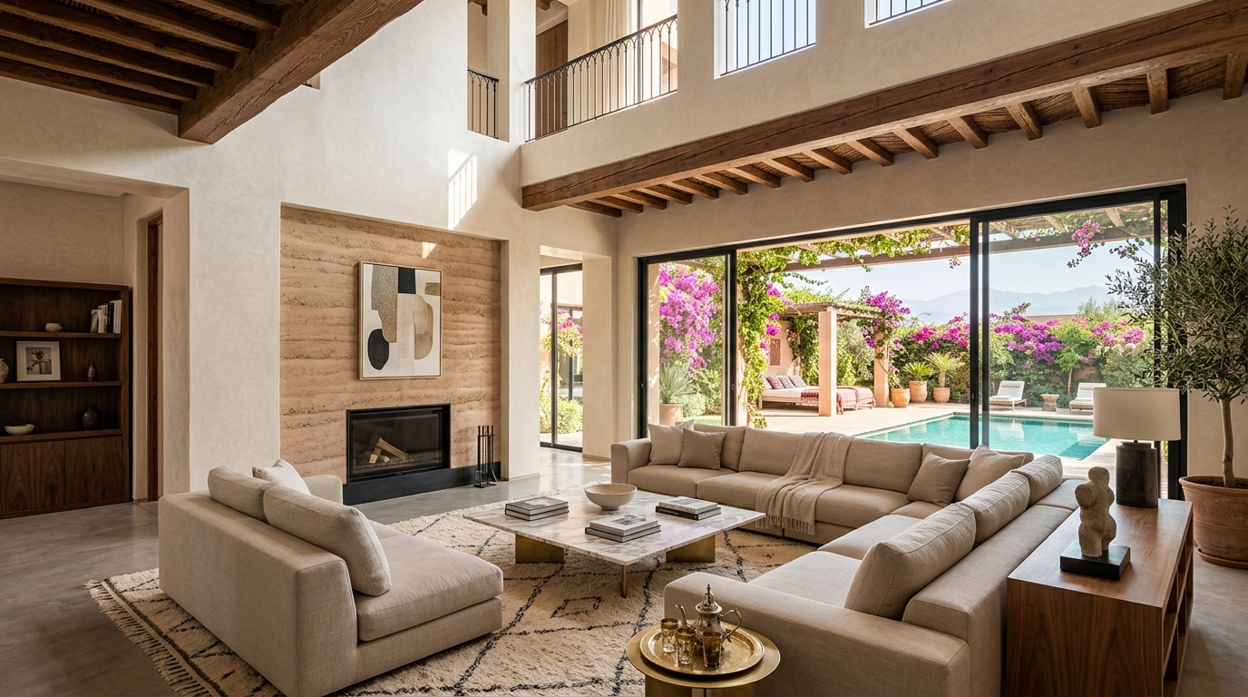 Spacieux salon familial d'une maison de prestige ouvert sur jardin à Marrakech