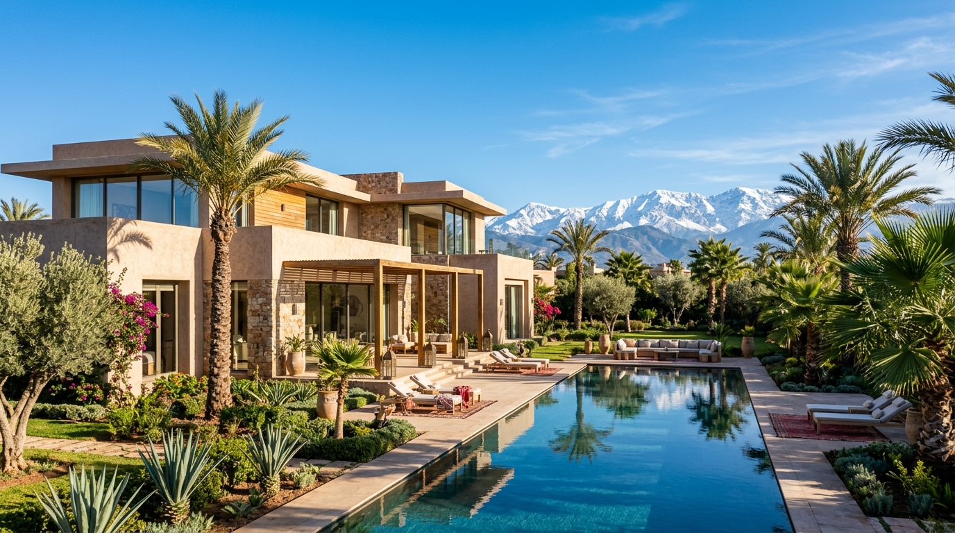 Villa de luxe contemporaine à Marrakech avec piscine et vue sur l’Atlas pour investisseur MRE