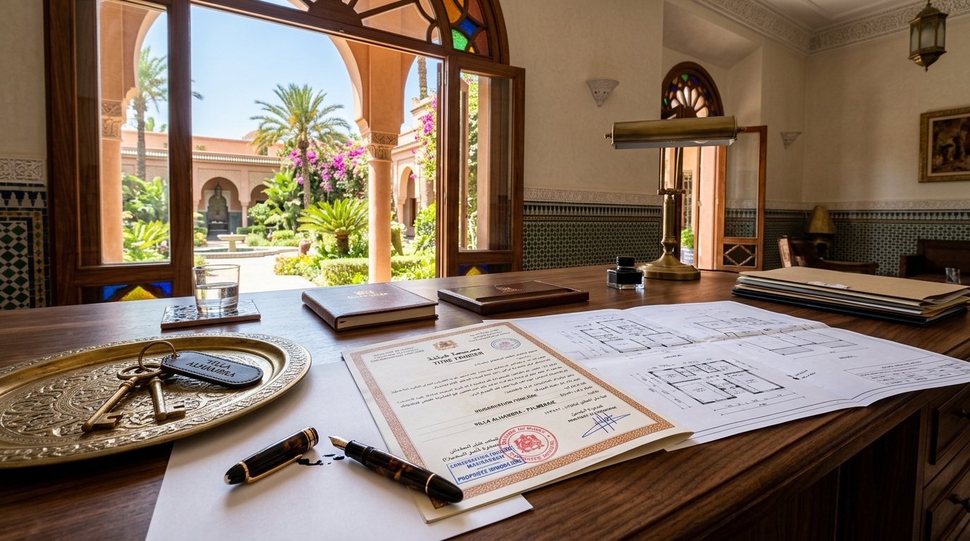 Vérification des plans architecturaux et du titre foncier chez le notaire au Maroc
