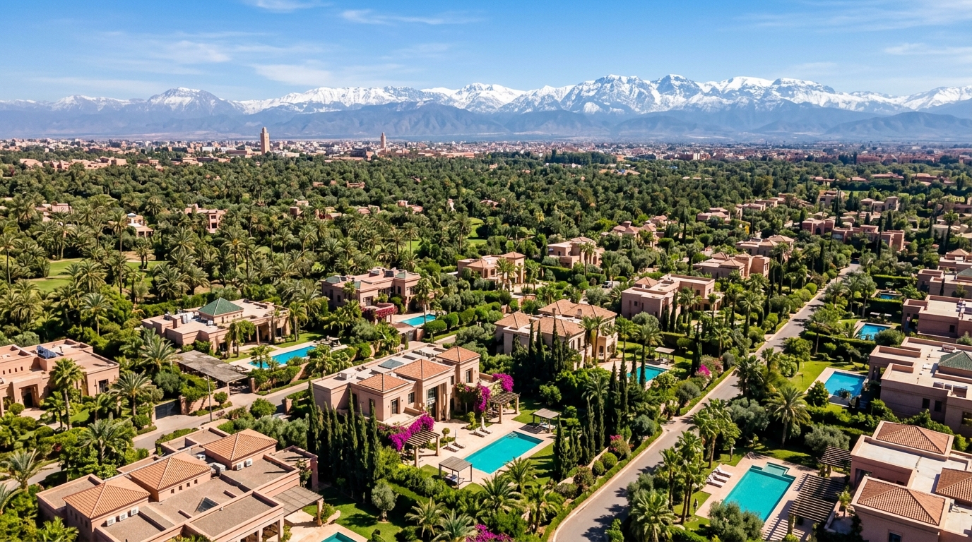 Vue aérienne panoramique des quartiers prisés de Marrakech avec les sommets enneigés de l’Atlas