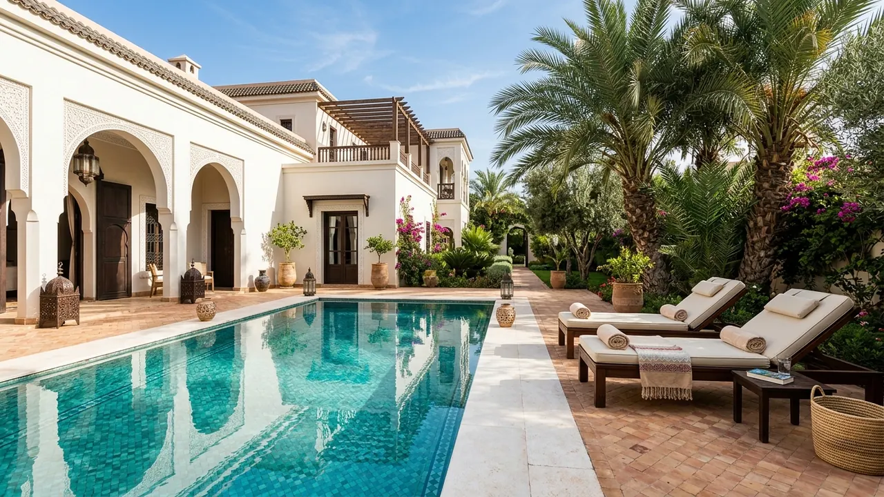 Villa de prestige avec piscine et transats préparée pour la location saisonnière Airbnb à Marrakech