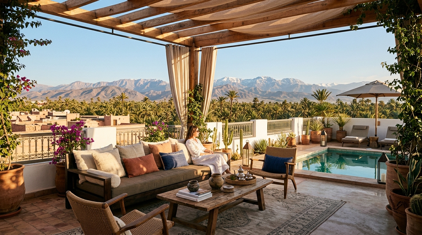 Vue panoramique terrasse rooftop sur les toits et l Atlas a Marrakech