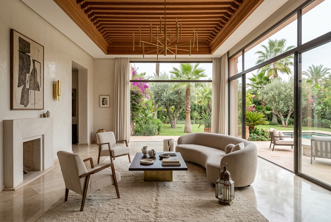 Grand salon de réception lumineux avec plafonds en bois sculpté et vue sur jardin et piscine à Marrakech