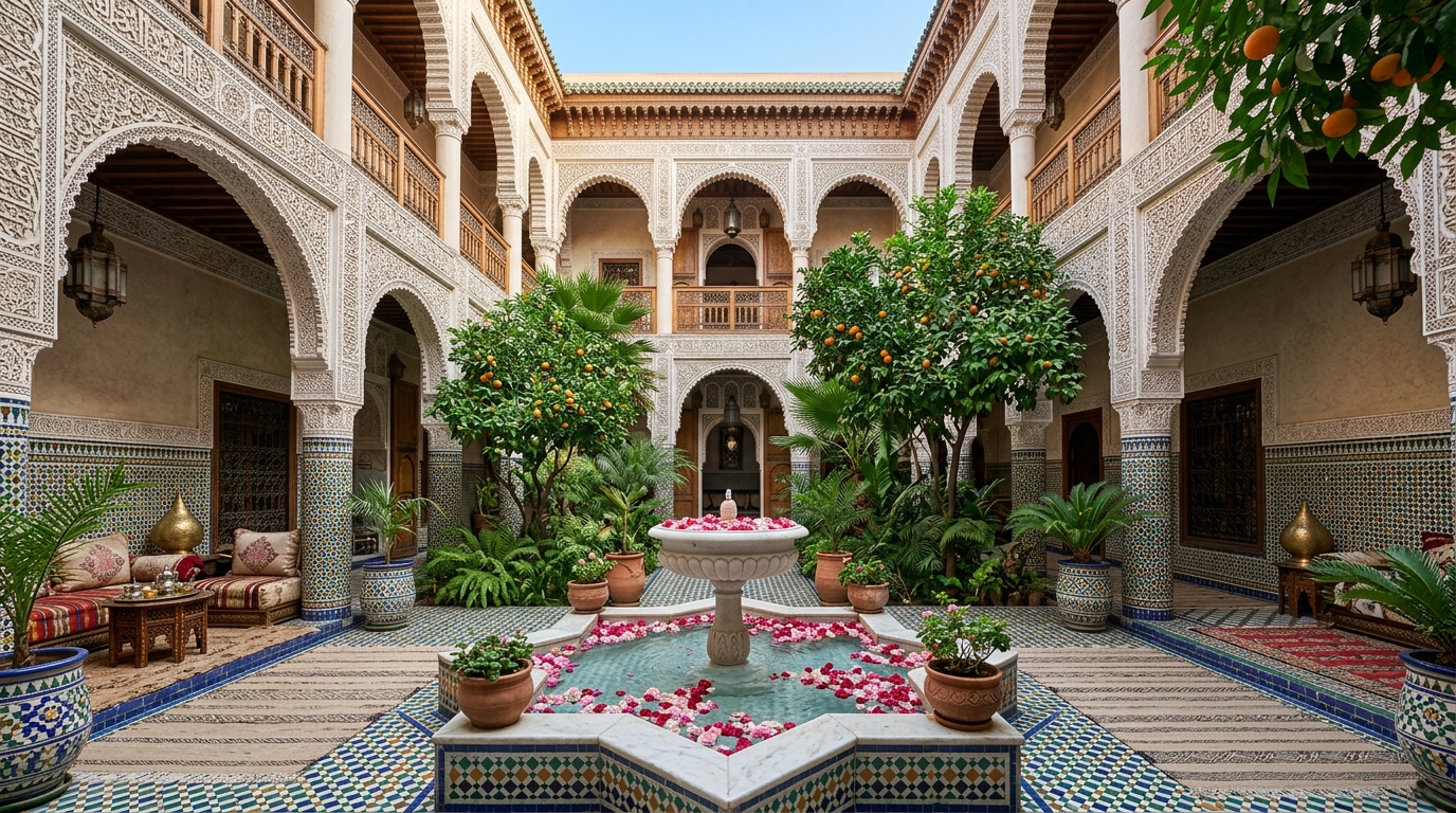 Patio d'un riad de prestige avec fontaine, zelliges et orangers dans la Médina de Marrakech