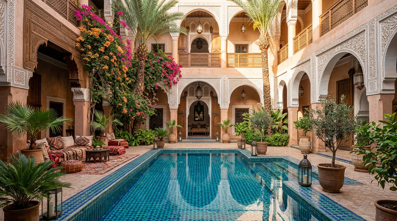 Cour intérieure de riad avec bassin zellige et palmiers à Marrakech