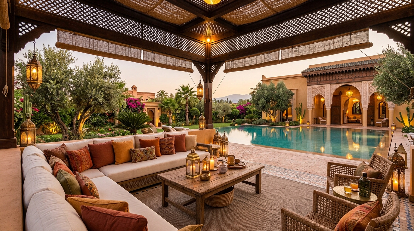Salon d’été sous pergola au bord d’une piscine d’une propriété de standing à Marrakech