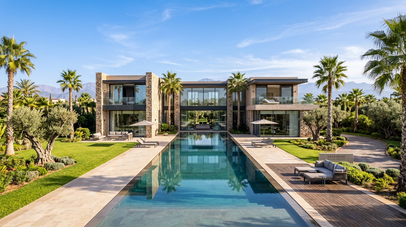 Façade moderne d’une villa de prestige à vendre à Marrakech avec grand bassin de nage