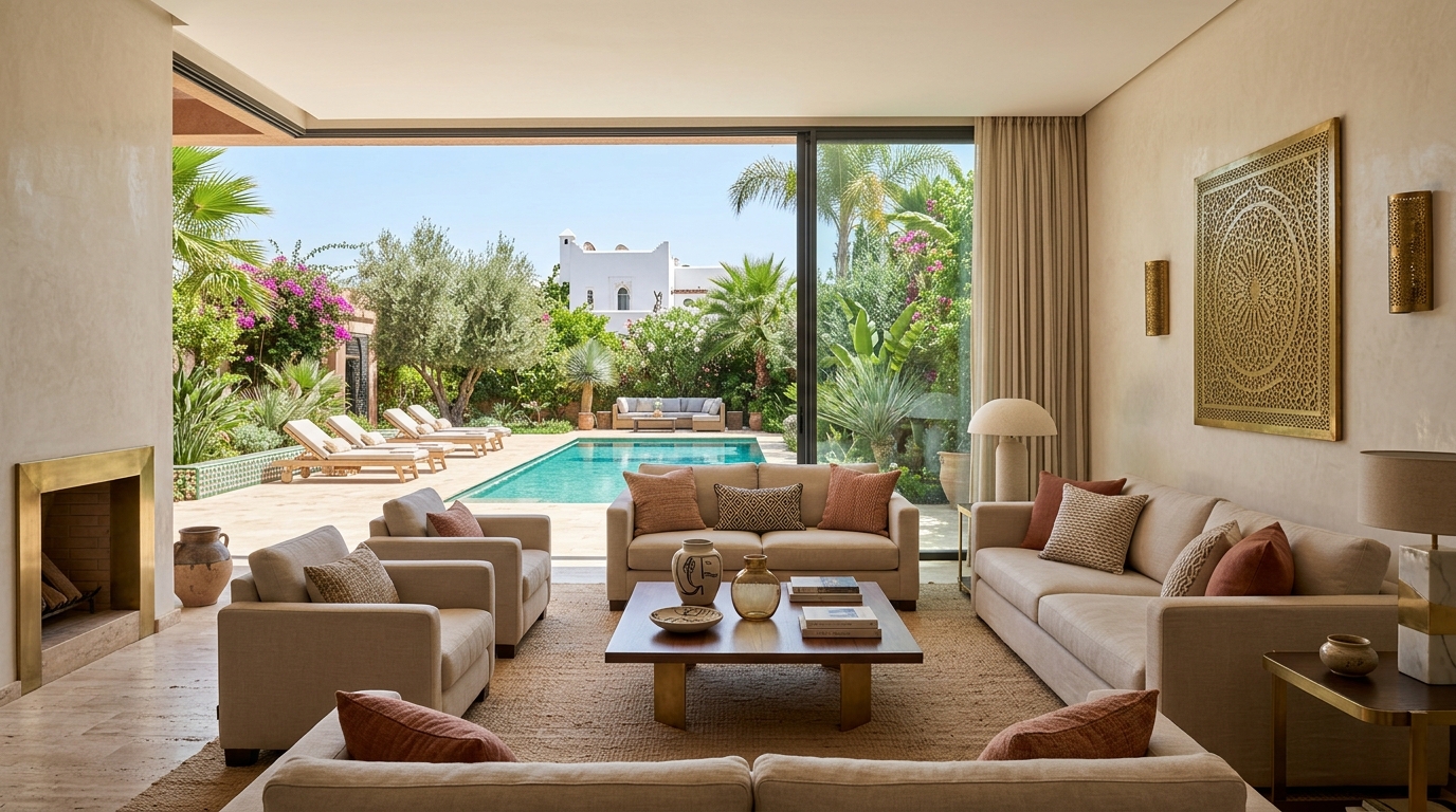 Salon contemporain ouvrant sur terrasse et piscine privée à Marrakech