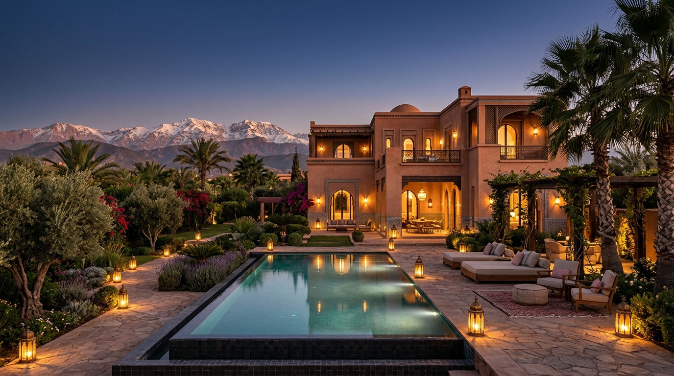 Villa contemporaine avec piscine illuminée au coucher du soleil à Marrakech