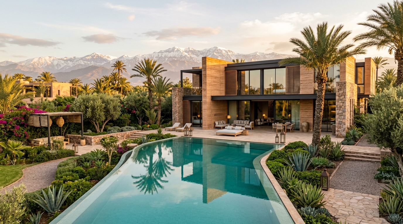 Villa moderne de luxe avec piscine et vue sur les montagnes de l'Atlas à Marrakech