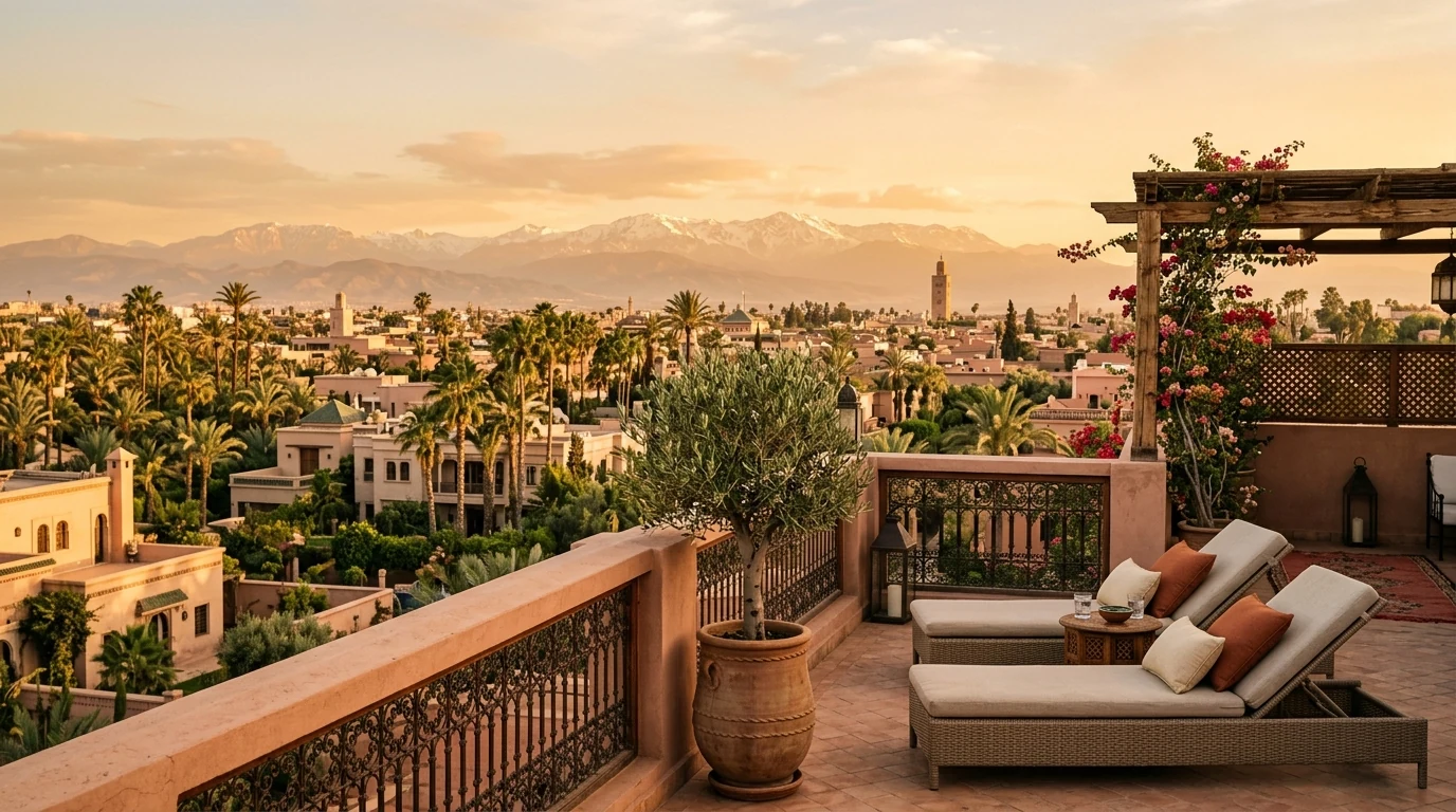 Terrasse rooftop avec vue sur les quartiers résidentiels et l'Atlas à Marrakech